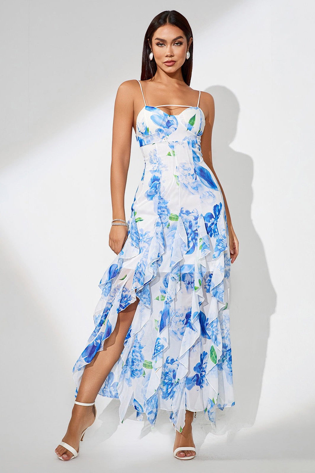 Slit Ruffled Floral Print Party Dress S / Blue Main image