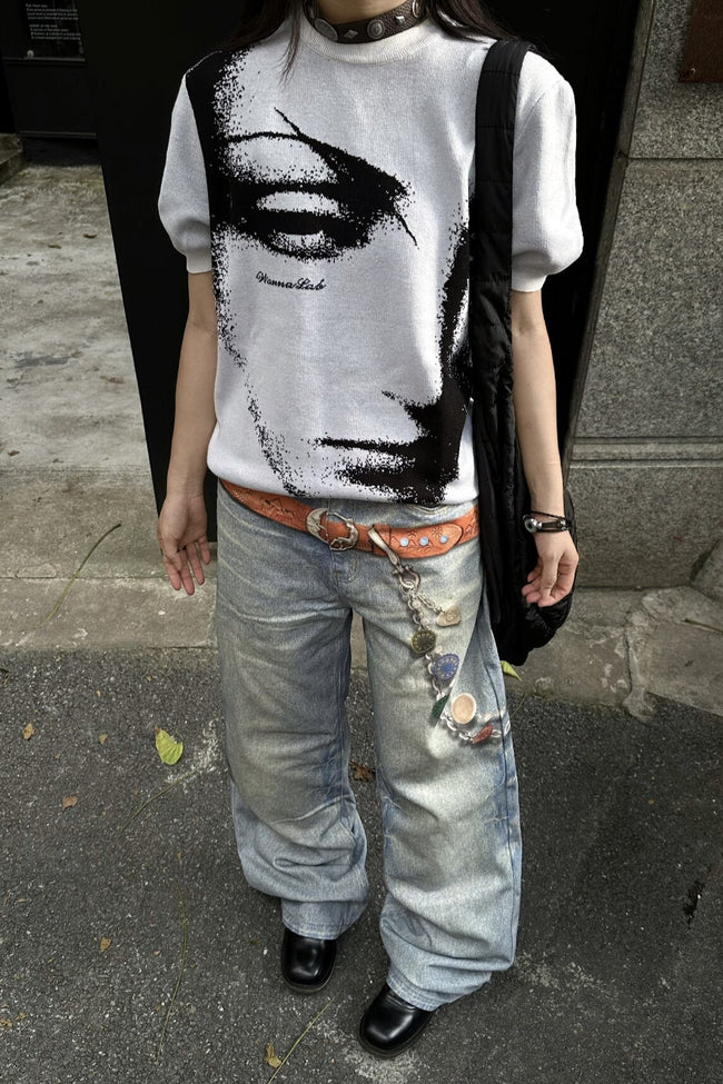 Abstract Face Jacquard Short Sleeve Knit T-Shirt Main image