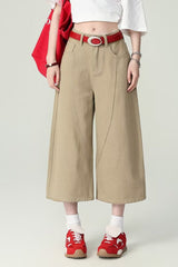 Khaki High Waist Cropped Wide Leg Jeans