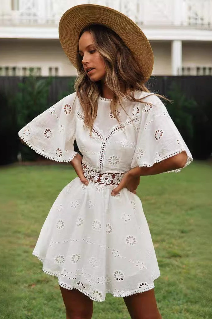 Cutout Round Neck Short Sleeve Boho Dress Main image