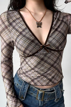 Deep V Neck Plaid Bodycon Cropped Long Sleeve Tee