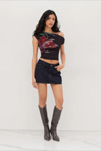 One Shoulder Mesh Ruched Printed Crop Top