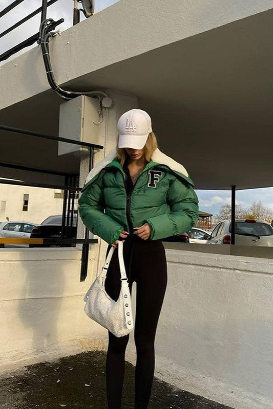 Polar Fleece Patchwork Faux Fur Collar Puffer Jacket