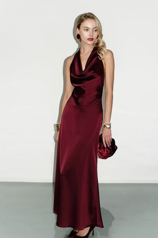 Cowl Neck Satin Halter Formal Dress