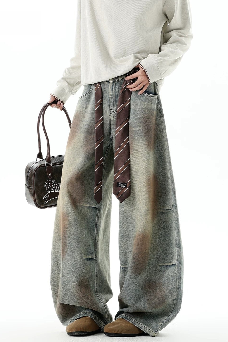 Dirty Wash Strap Wide Leg Jeans