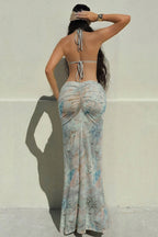 Elegant Chain Detailed Backless Floral Dress