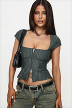 Vintage Square Neck Two Way Zip Stripe Crop Top
