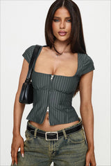 Vintage Square Neck Two Way Zip Stripe Crop Top