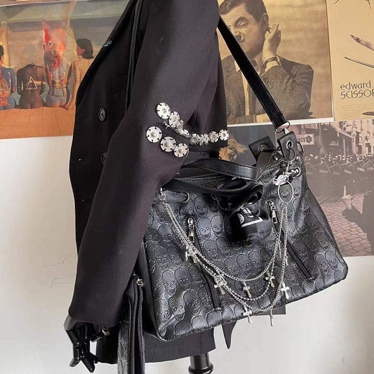 Y2K Cross Large Leather Skulls Capacity Chain Printing Gothic Punk Bag