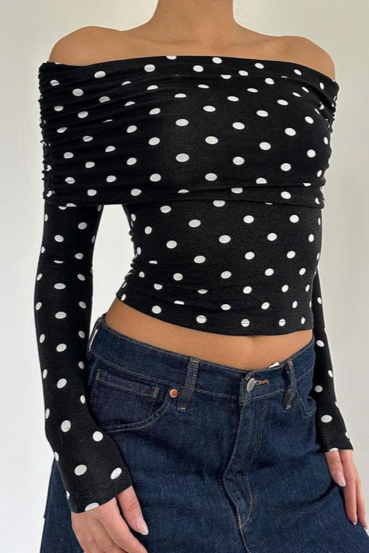 Polka Dot Color Block Off-Shoulder Crop Top Main image