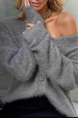 Plush V-Neck Cardigan Grey / One Size