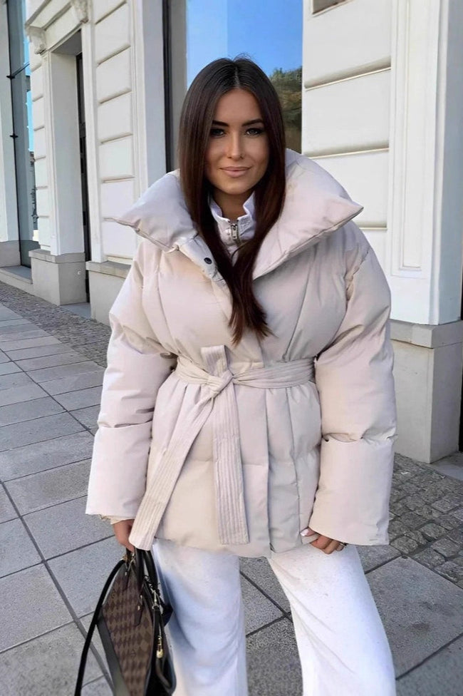 Oversized Solid Color Belted Puffer Jacket S / White Main image