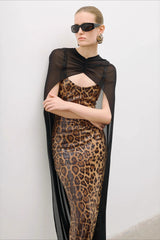 Leopard Sequin Sheer Cape Spaghetti Strap Backless Prom Dress