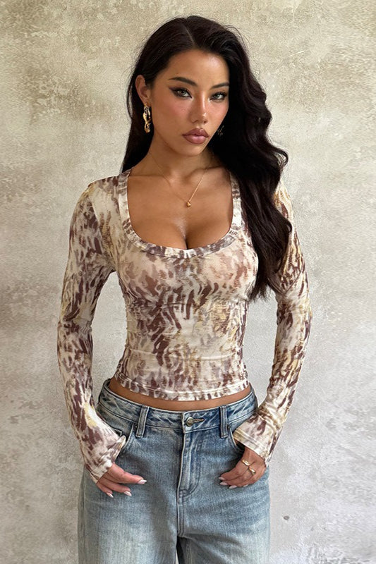 Abstract Print Scoop Neck Long Sleeve Tee Main image