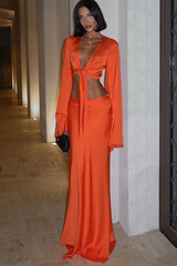V Neck Tie Front Long Sleeve Low Waist Maxi Skirt Set