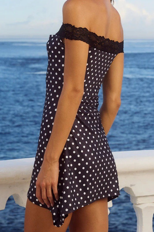 Off-Shoulder Lace Trim Polka Dot Bodycon Mini Dress Secondary image