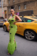 Polka Dot Knit Fringe Hem Maxi Dress