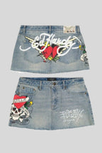 Painted Graphic High Rise Denim Mini Skirt
