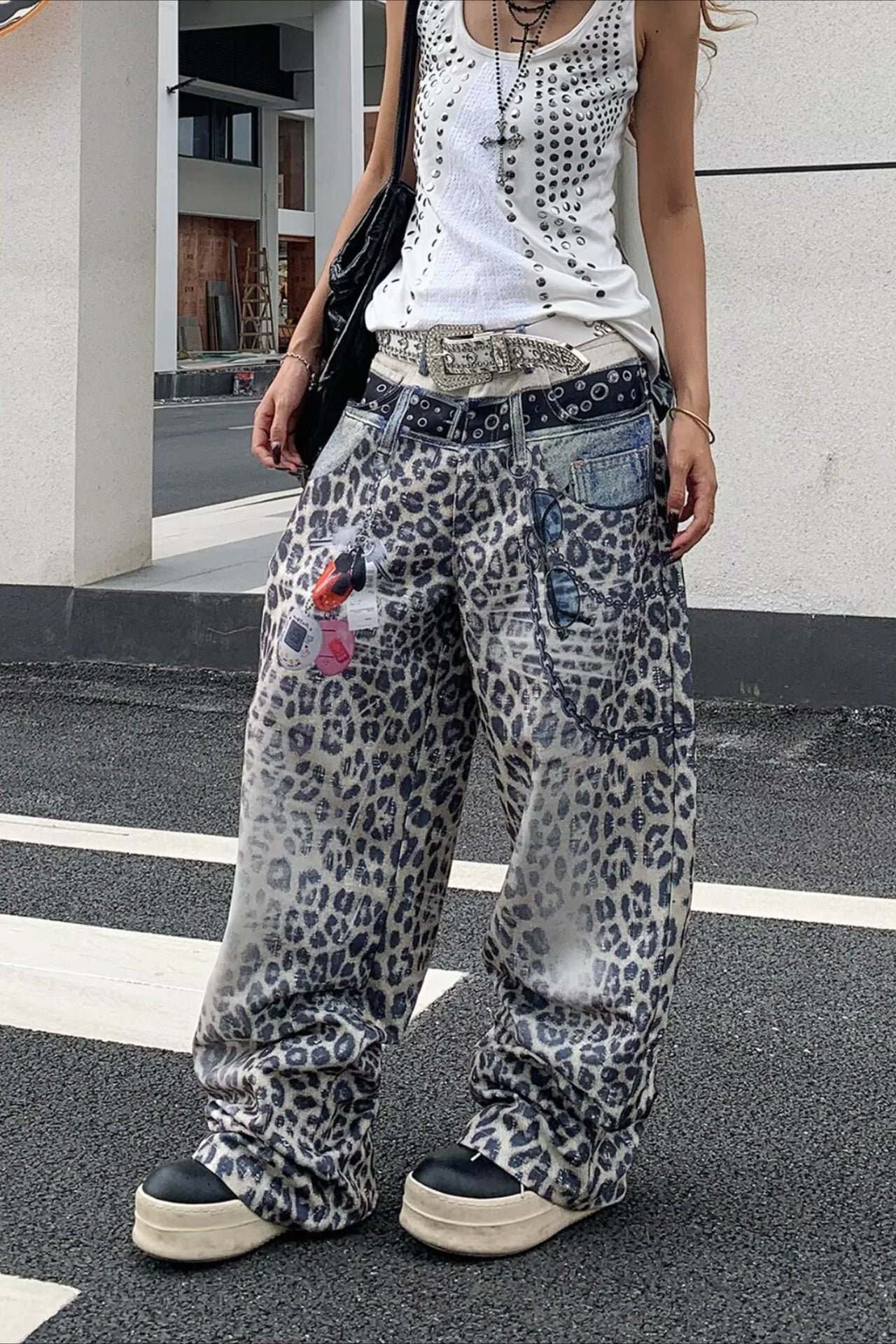 Vintage  Leopard Printed Color Block Straight Leg Jeans Main image