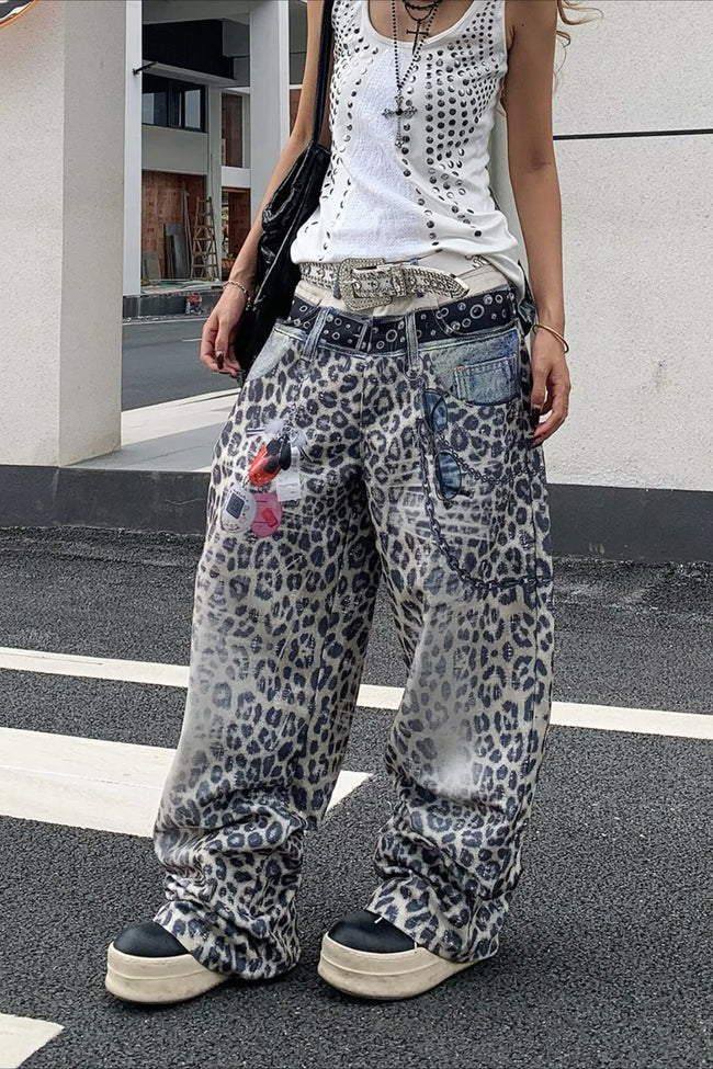 Vintage  Leopard Printed Color Block Straight Leg Jeans Main image