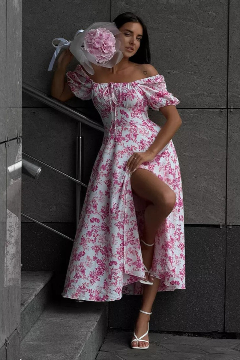 Off Shoulder Tie Waist Slit Floral Dress Main image