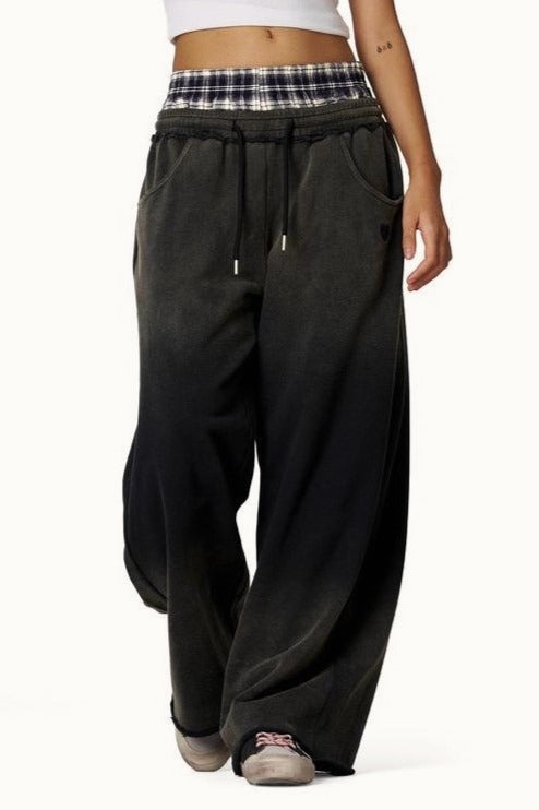 Washed Plaid Patchwork Double Waist Low Rise Pants Main image