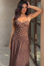 Retro Polka Dot Patchwork Halter Ruched Maxi Dress