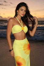 Yellow Halter Bandeau Three Piece Swim Set