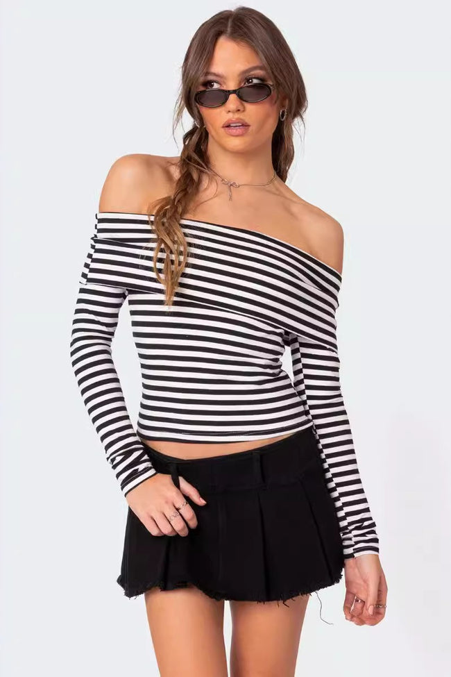 Slim Fit Striped Slit Neck Knit Top Main image