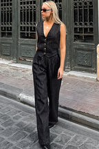 High Waist Striped V Neck Two Piece Vest Pants Set