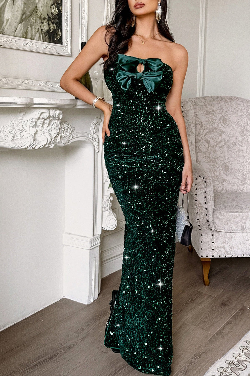 Strapless Bow Maxi Party Dress S / Green