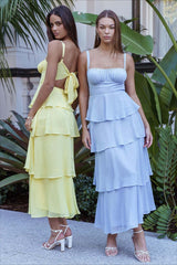 Sexy Backless Halter Tiered Ruched Waist Maxi Prom Dress