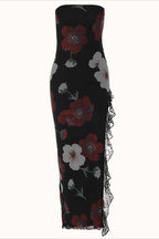 Off Shoulder Mesh Strapless Slit Slim Floral Dress