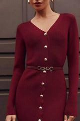 Elegant Slim V Neck Knit Cinched Waist Bodycon Sweater Dress