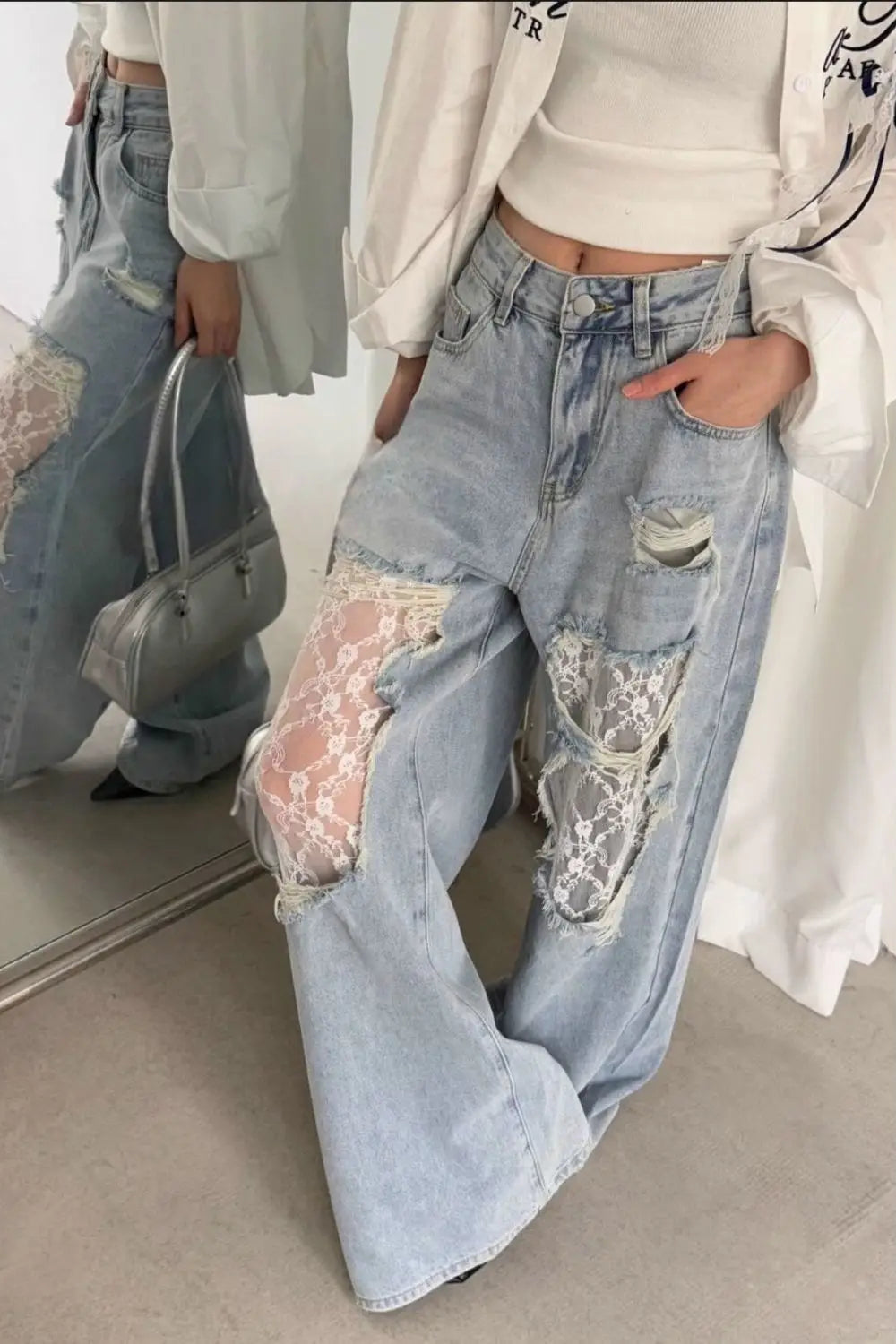 Lace Patchwork Ripped Loose Jeans Main image