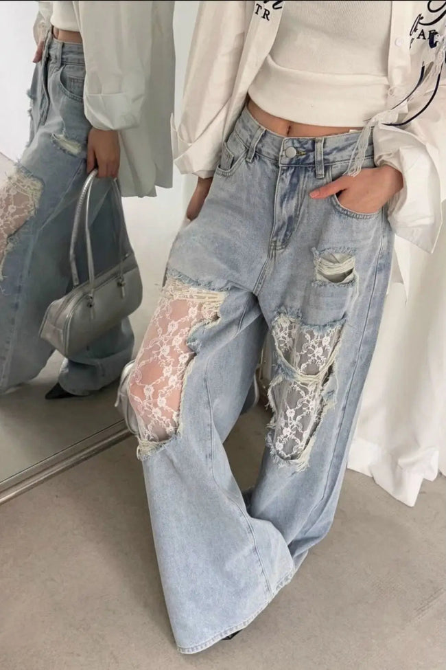 Lace Patchwork Ripped Loose Jeans Main image