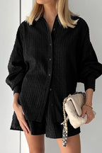 Textured Bubble Sleeve Blouse Casual Shorts Set