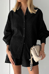 Textured Bubble Sleeve Blouse Casual Shorts Set