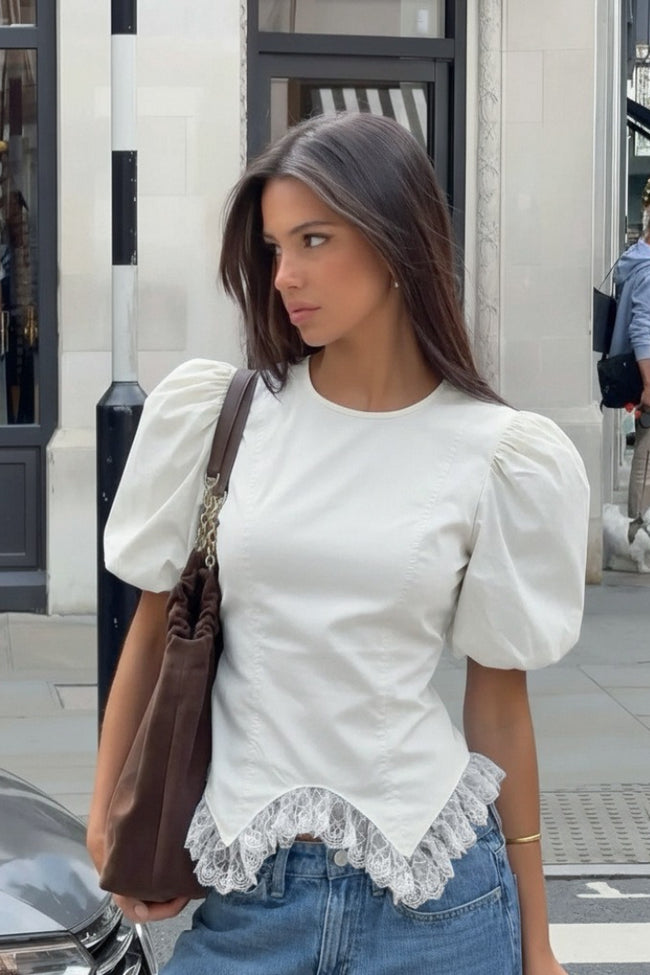 White Lace Trim Ruched Waist Puff Sleeve Blouse Main image