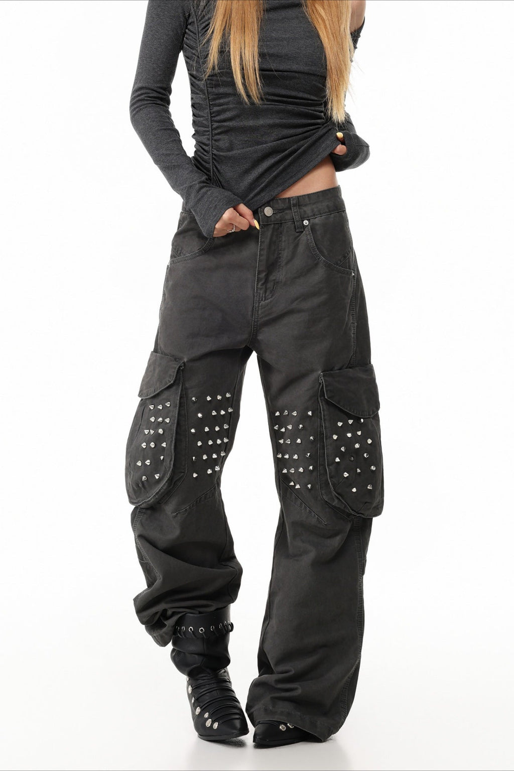 Studded Pocket Wide Leg Cargo Pants