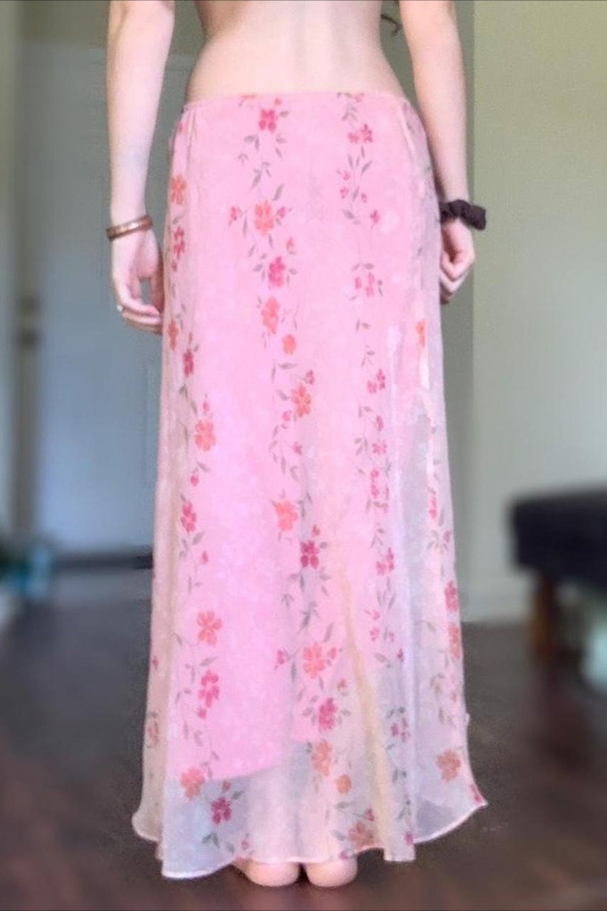 Floral Ruffle Asymmetric Sheer Mesh Vacation Maxi Skirt
