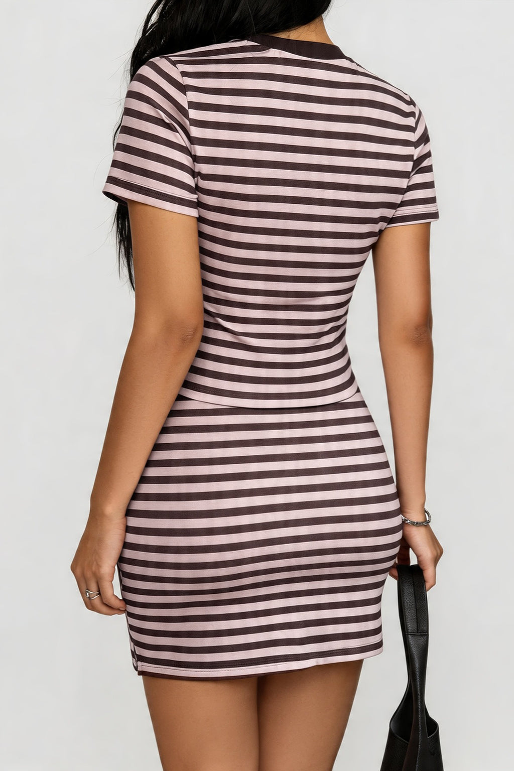 Pink Striped Round Neck Tie Bodycon Skirt Set