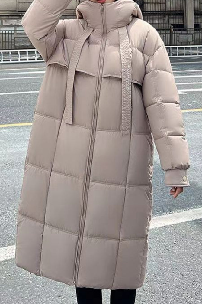 Trendy Long Hooded Puffer Jacket M / Khaki