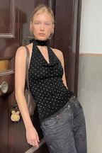 Polka Dot Lace Trim Backless Tie Tube Halter Top