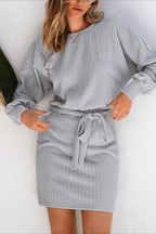 Ribbed Knit Belted Sweater Dress