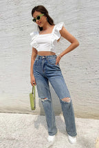Backless Tie Ruffle Sleeve Sweet Square Neck Crop Top