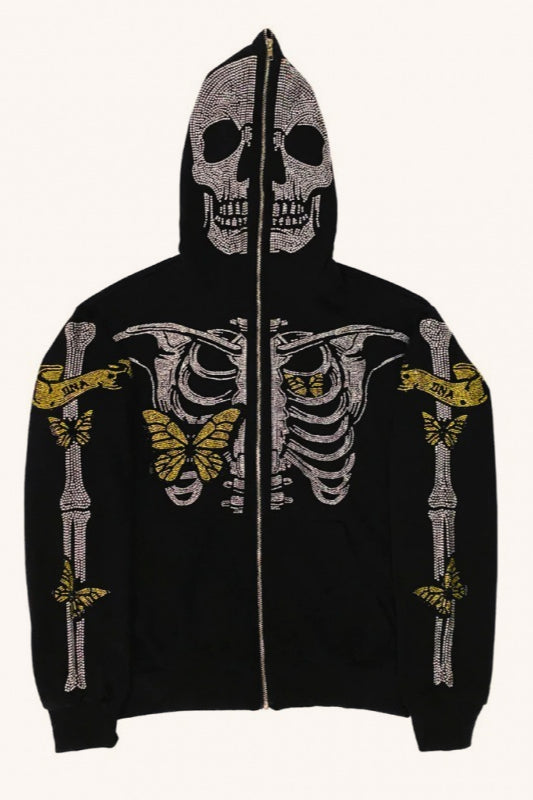 Gothic Skull Skeleton Full Face Zip-Up Hoodie