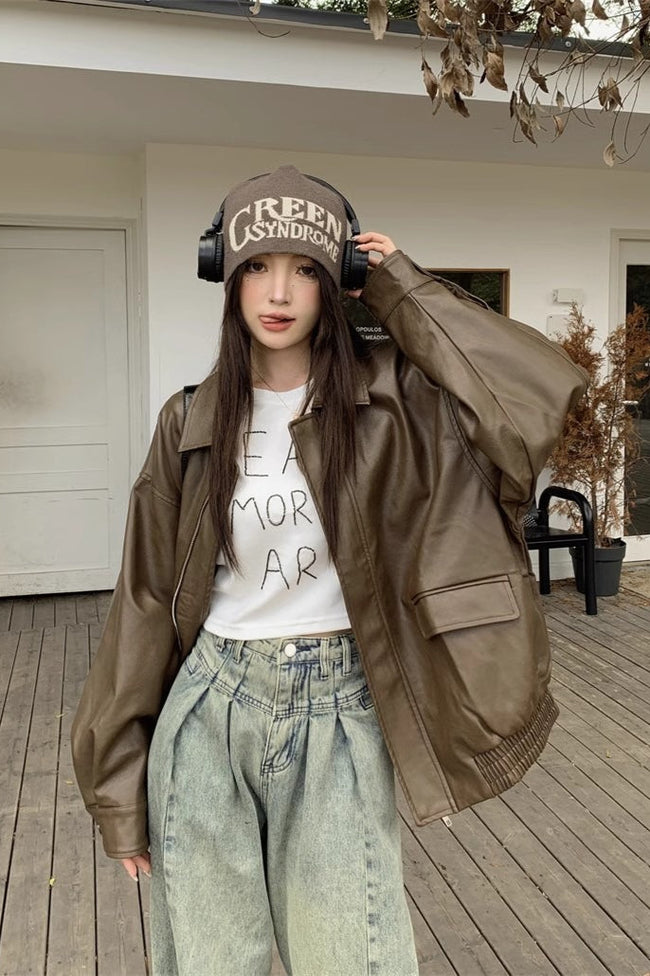 Short Length Oversized Moto Jacket M / Brown Main image