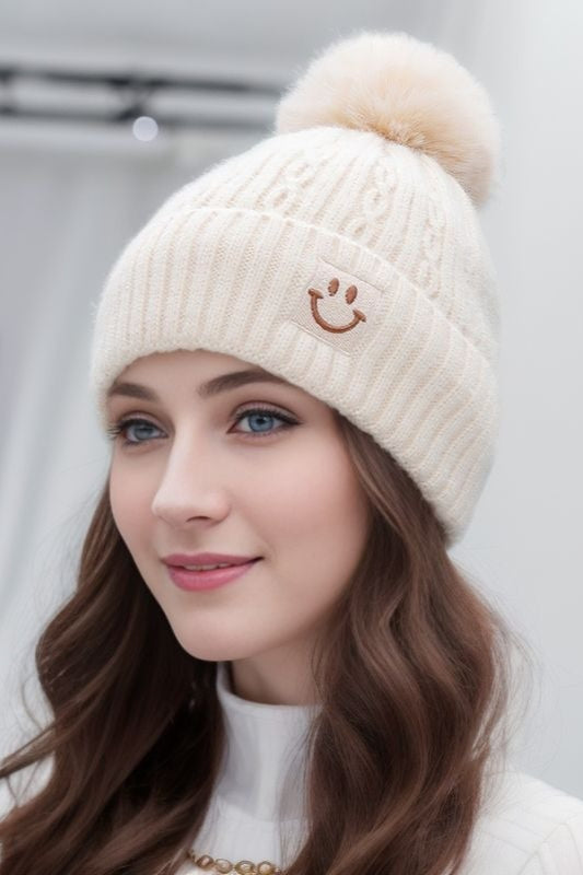 Chunky Cable Knit Pompom Smile Hat Main image