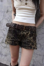 Leopard Print High Waist Wide Leg Denim Casual Shorts
